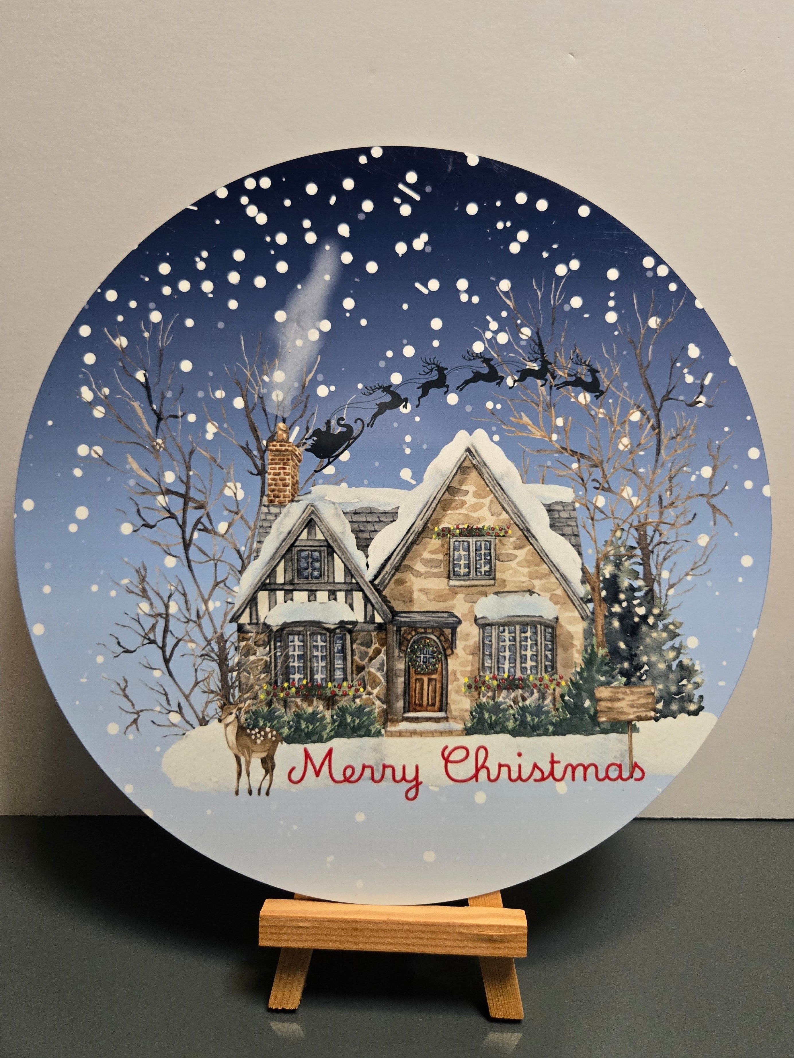 Snowy House at Christmas 8" Metal Sign