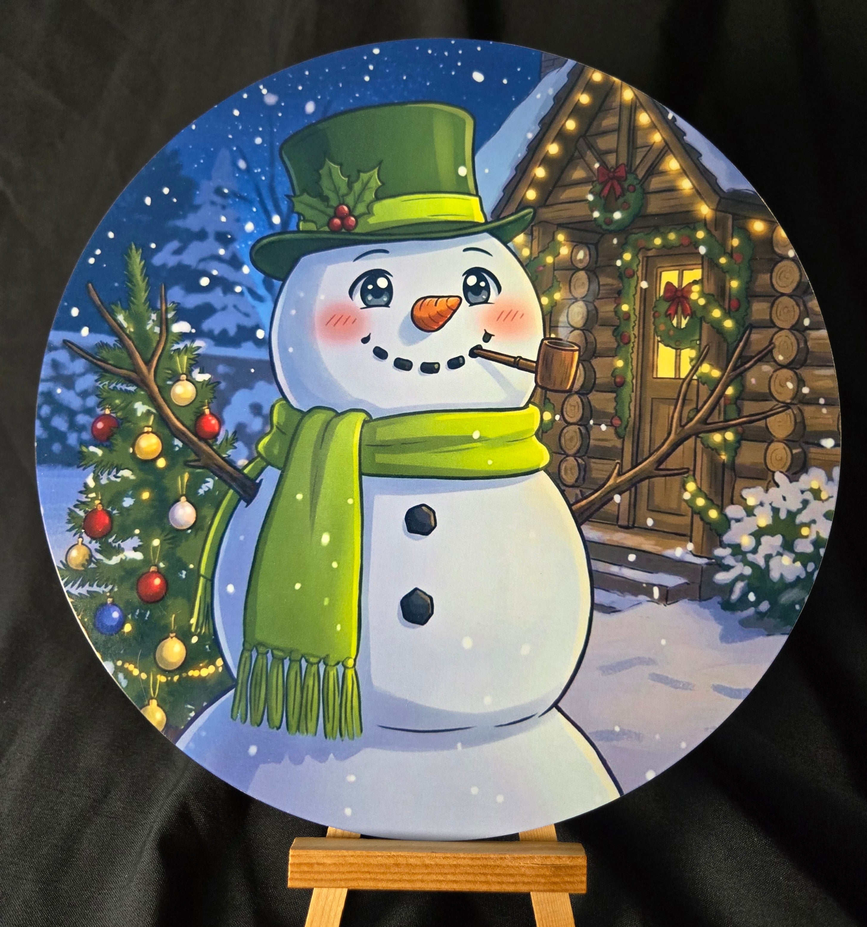 Cartoon Green Hat Snowman 8" Sign